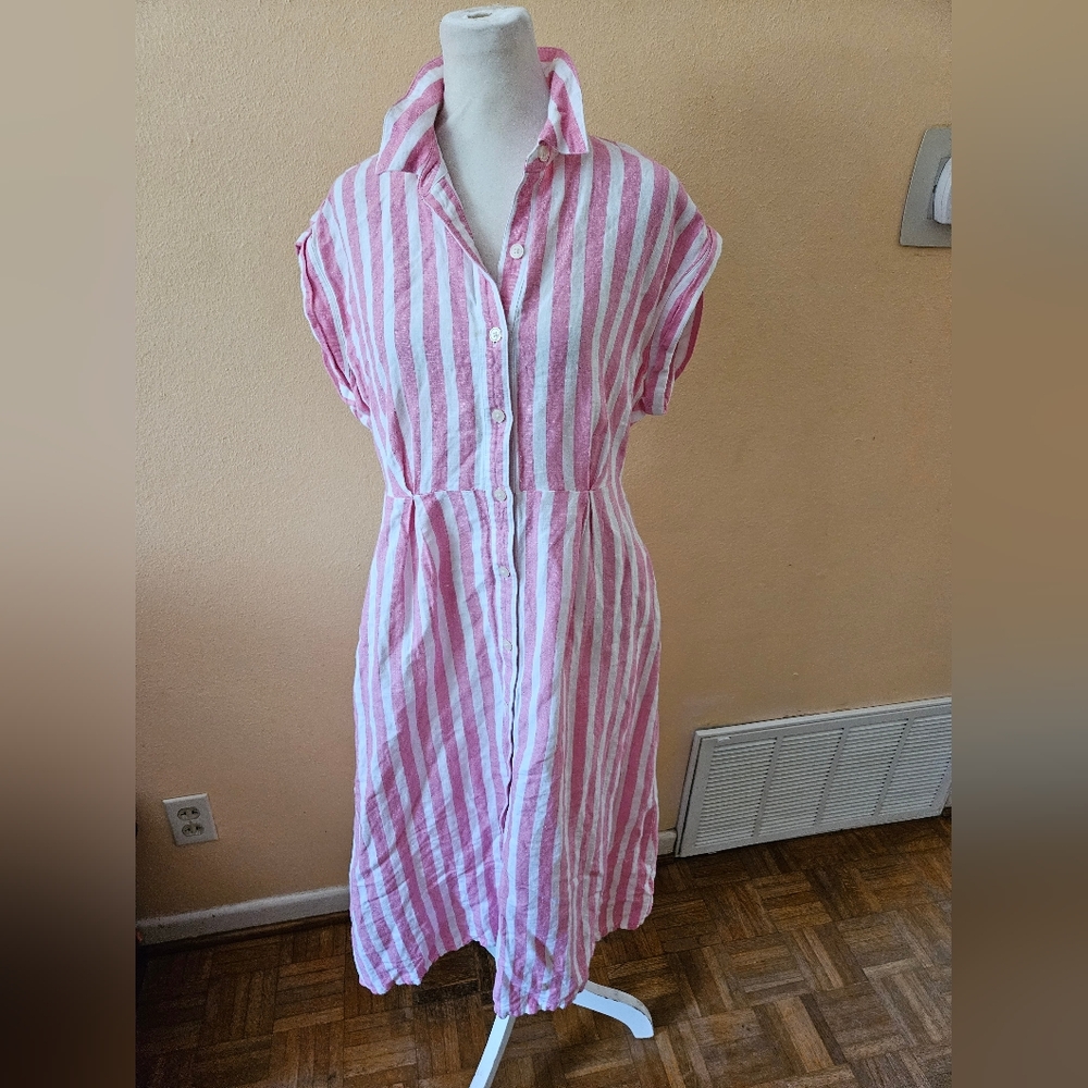 Loft Linen Pink Striped Button-Up Dress Pockets 4